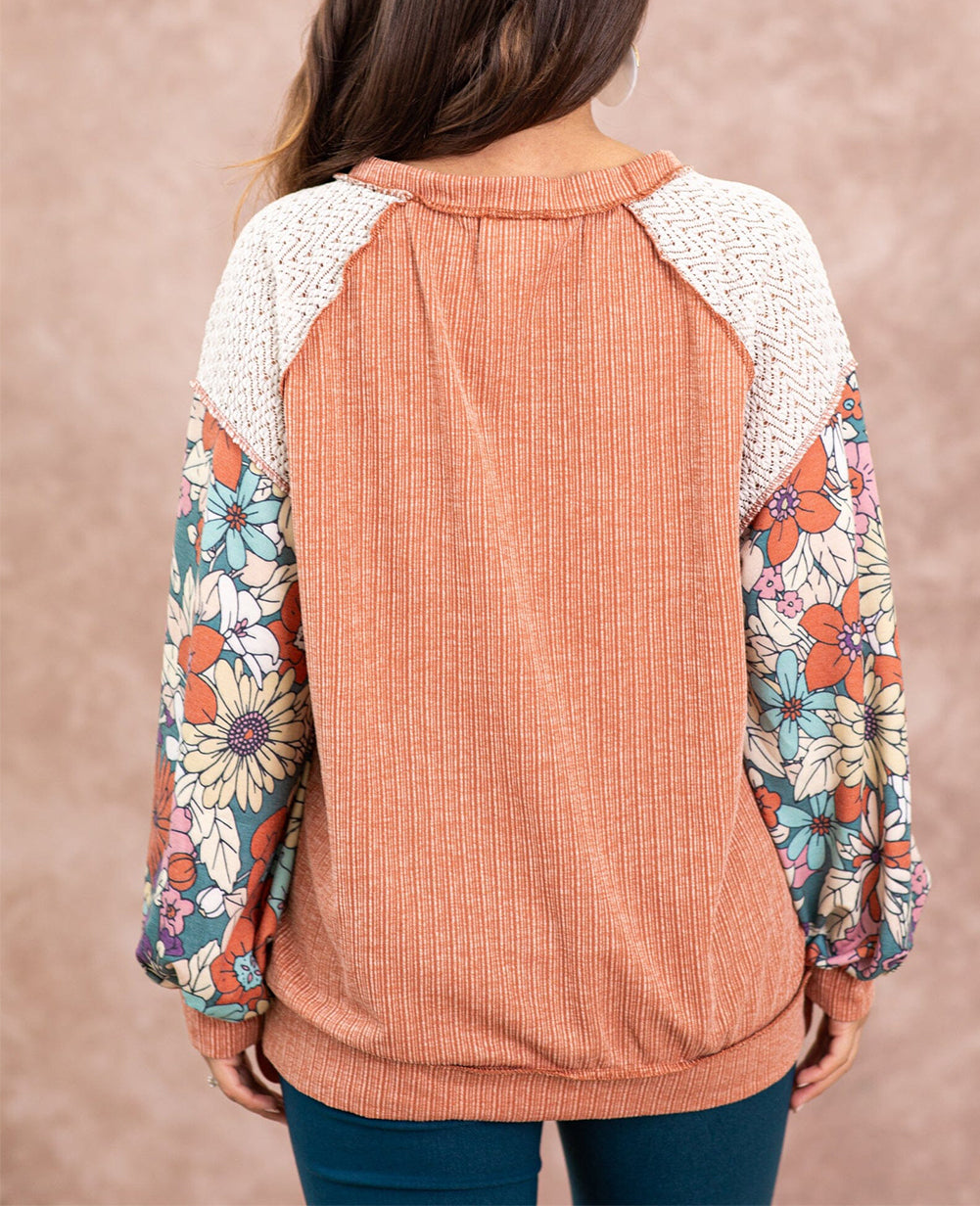 Floral Patchwork Puff Sleeve Textured Blouse
