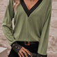 V Neck Button Cuffed Long Sleeve Top