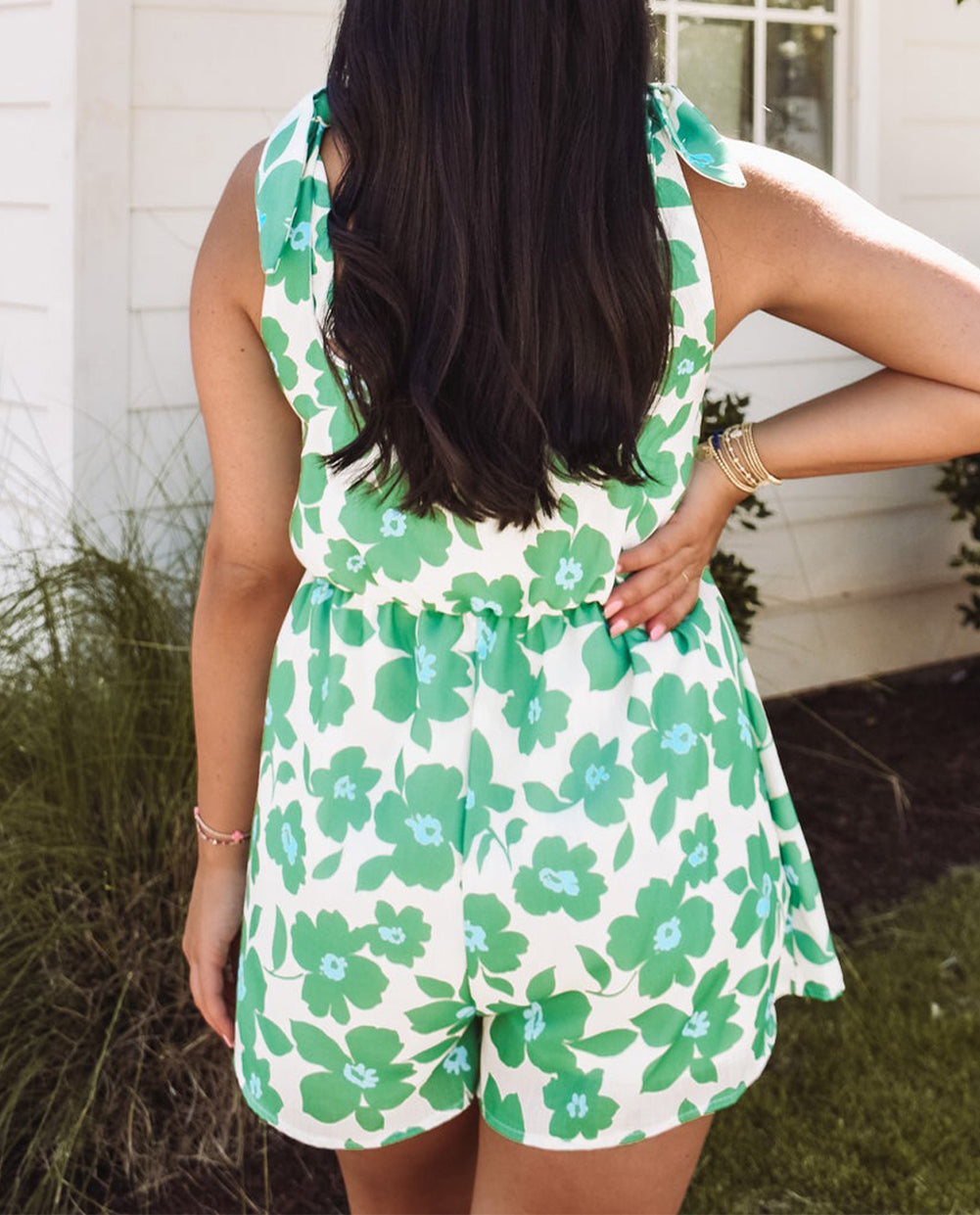 Flower Print Knotted Straps Square Neck Romper