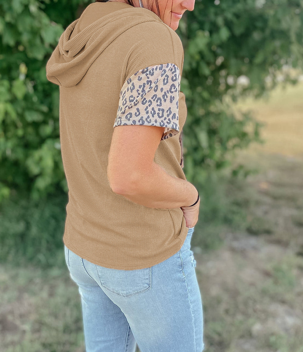 Leopard Patchwork Drawstring Hooded T Shirt