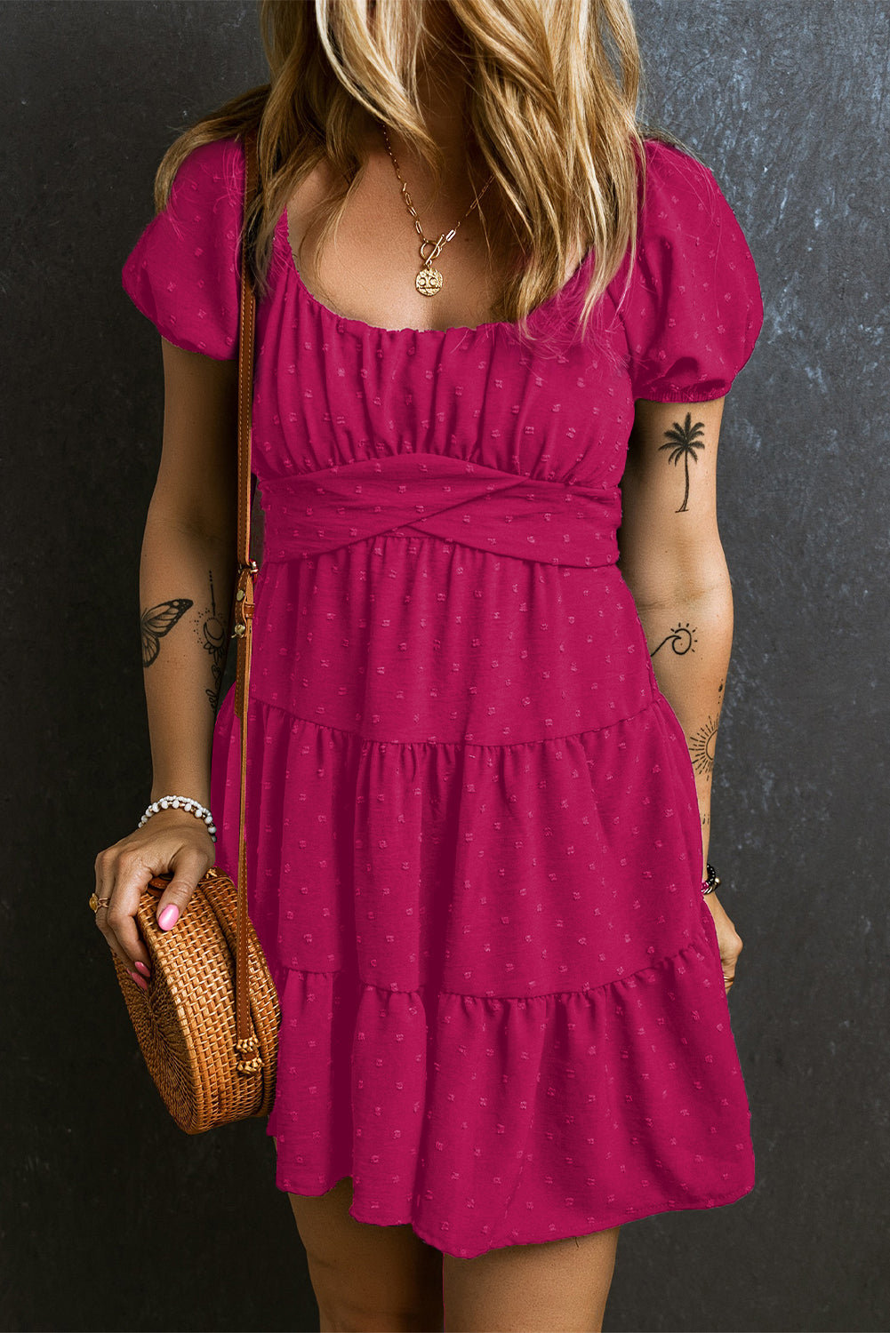 Swiss Dot Jacquard Puff Sleeve Crossover Tied Tiered Dress