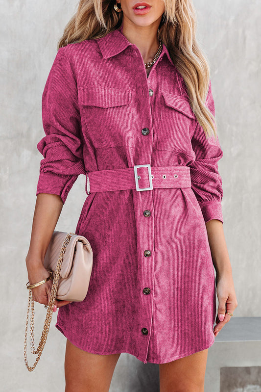 Corduroy Long Sleeve Button up Shirt Dress with Belt