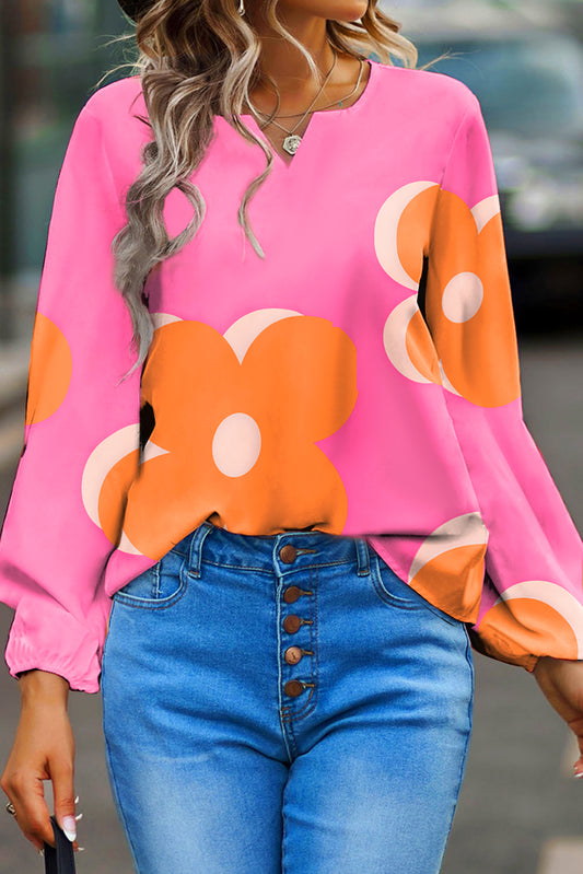 Floral Print Notched V Neck Blouse
