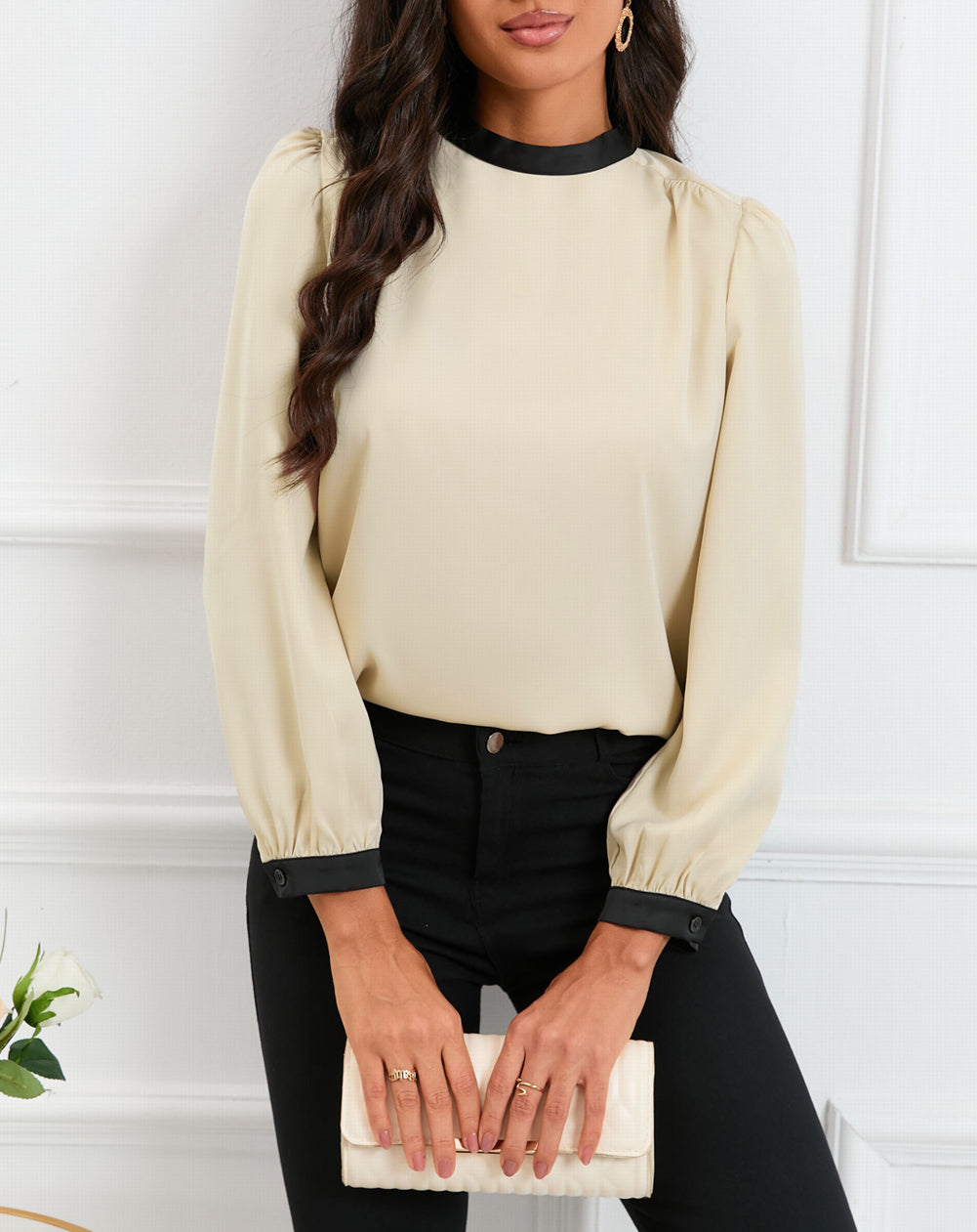 Color Block Bow Back Mock Neck Blouse