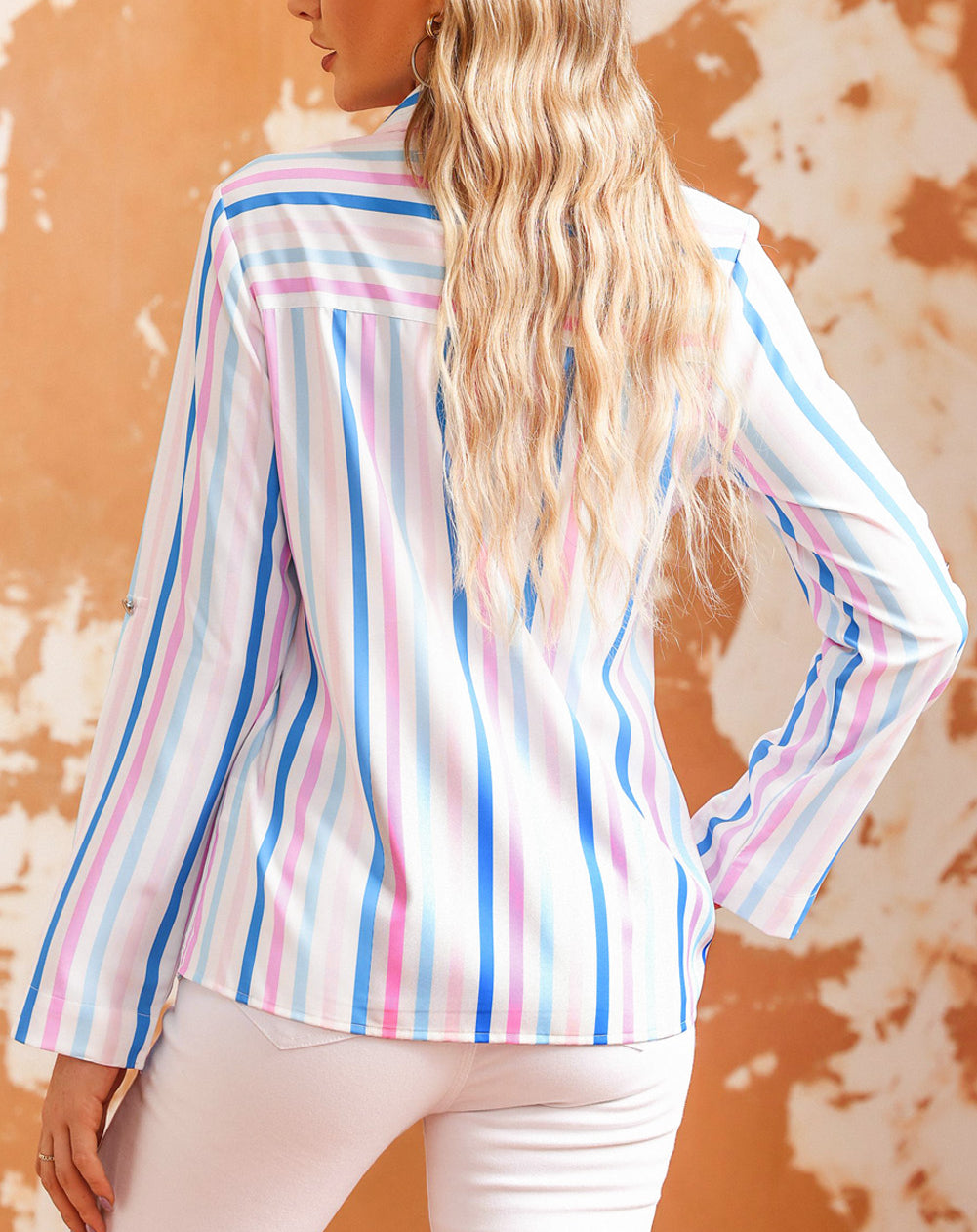 Striped Button Roll Tab Sleeve Shirt