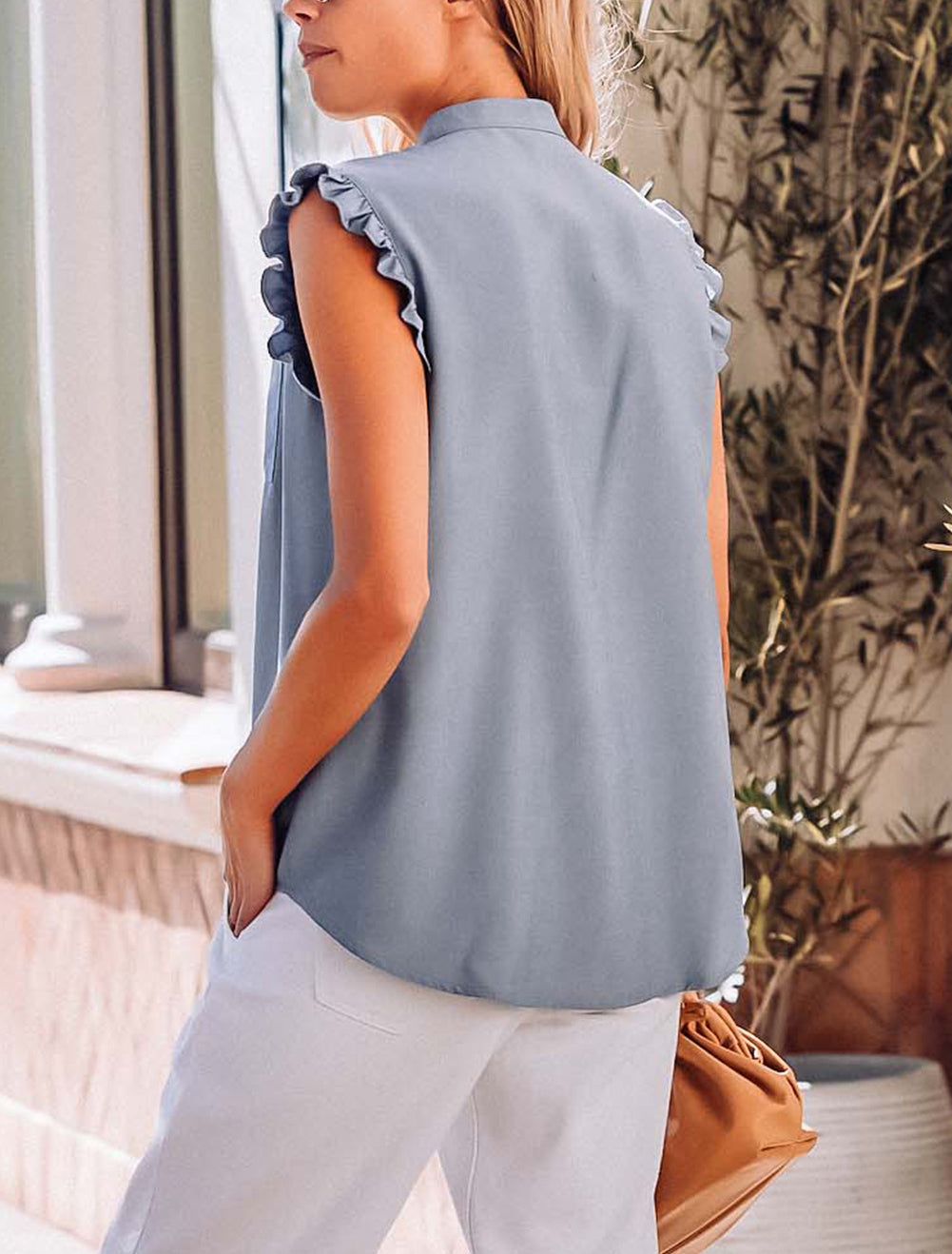 Button Up Ruffled Sleeveless Shirt with Chest Pocket