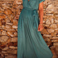 Solid Color V Neck Wrap Pleated Short Sleeve Maxi Dress