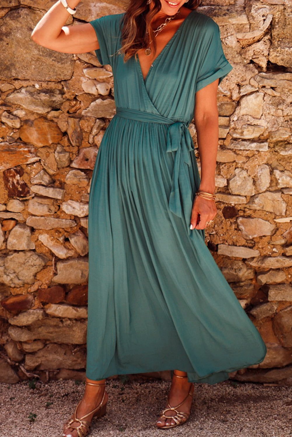Solid Color V Neck Wrap Pleated Short Sleeve Maxi Dress