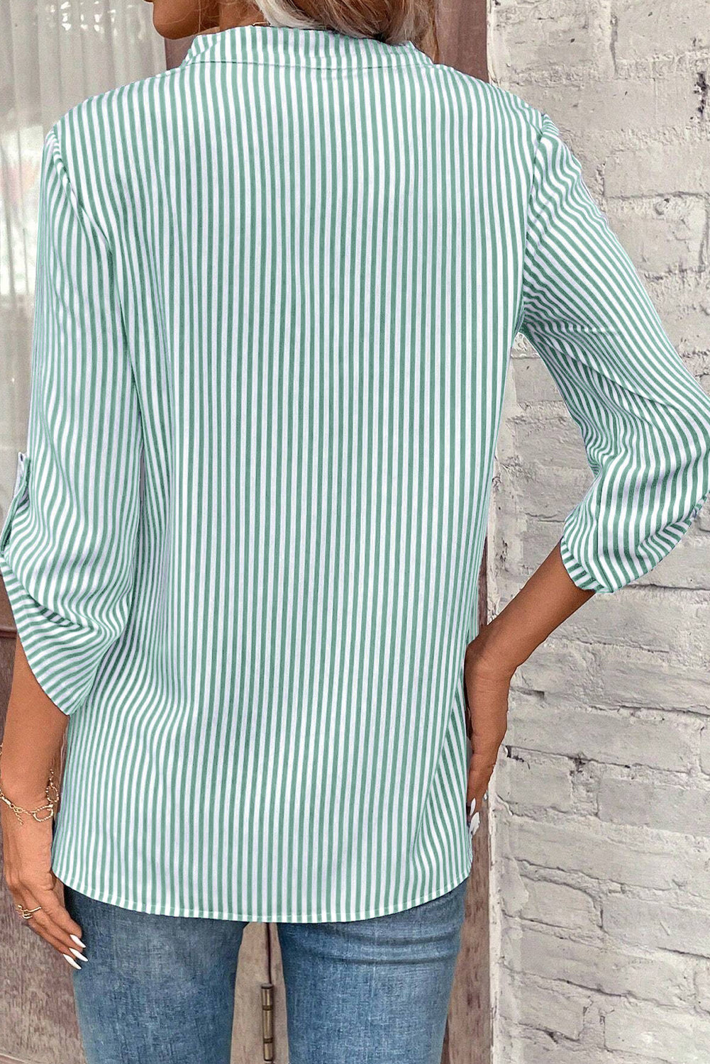 Stripe V Neck Roll Up Sleeve Pocket Patched Classic Shirt