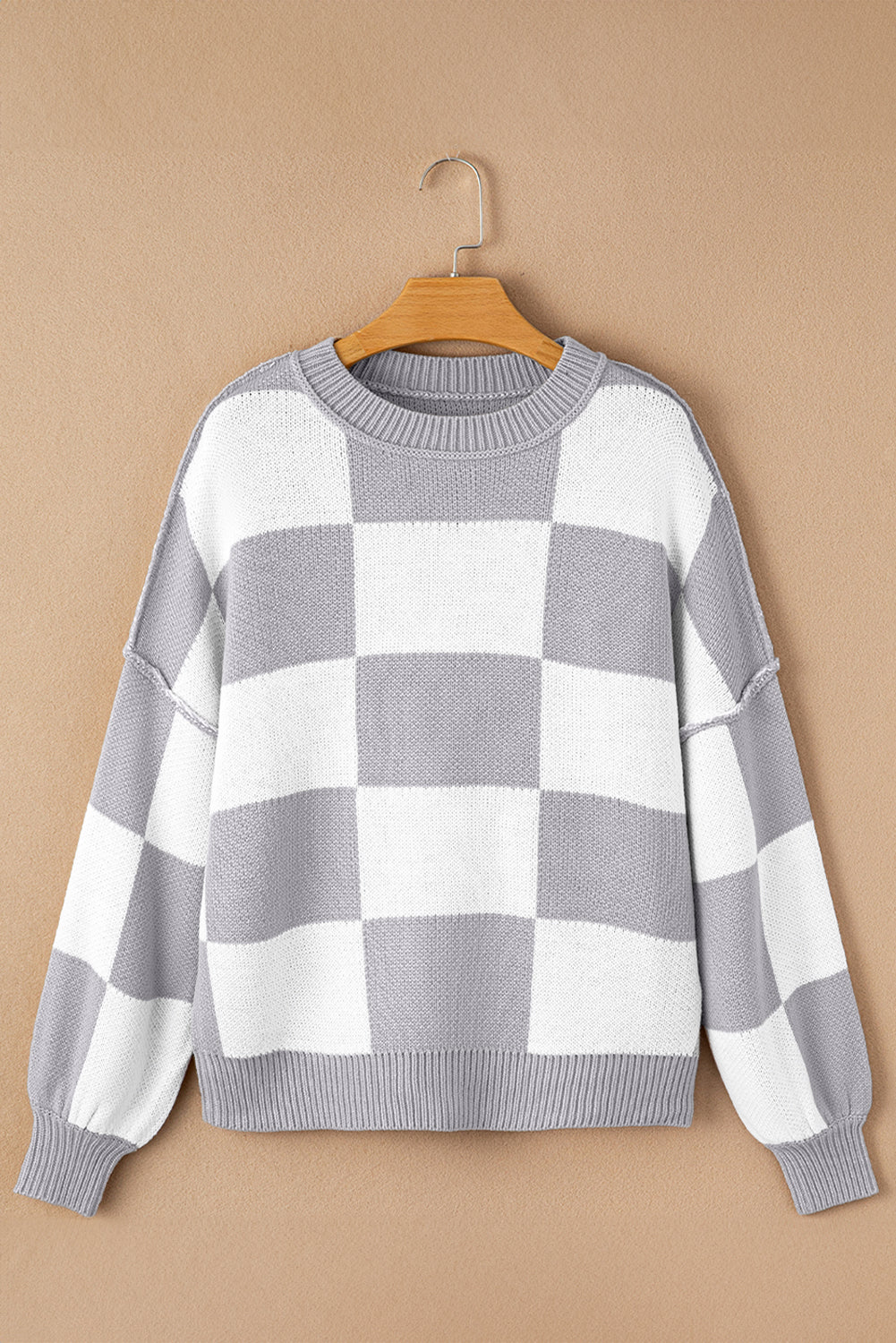 Stripe Checkered Bishop Sleeve Sweater