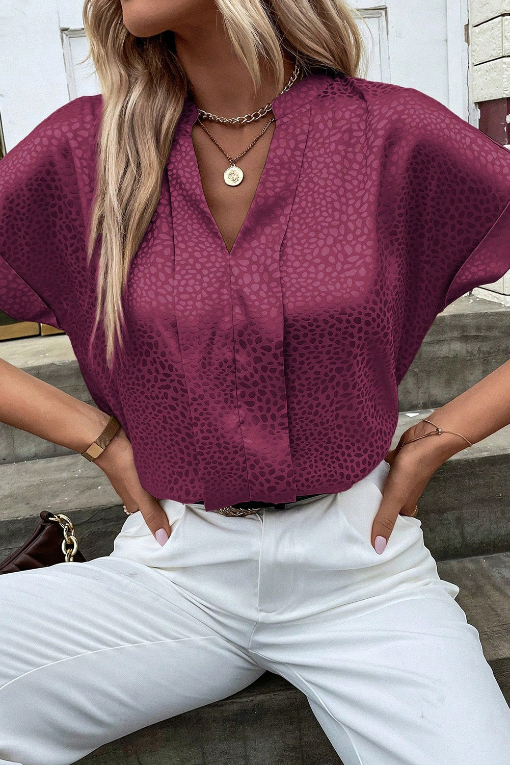 Leopard Print Rolled Sleeve V Neck Blouse