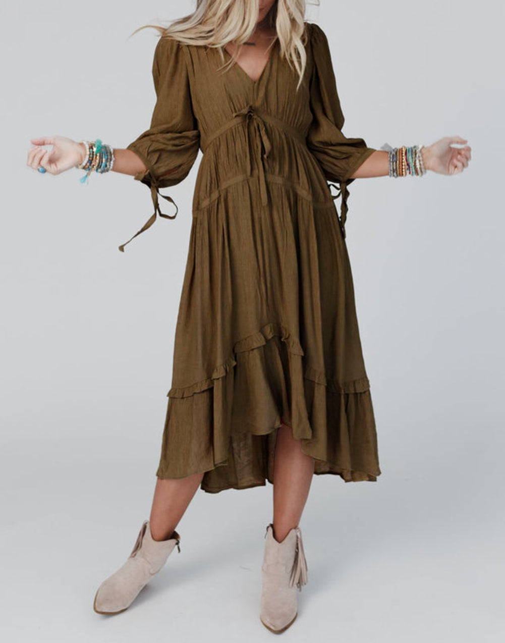 Tie Puff Sleeve Empire Waist Flared Dress