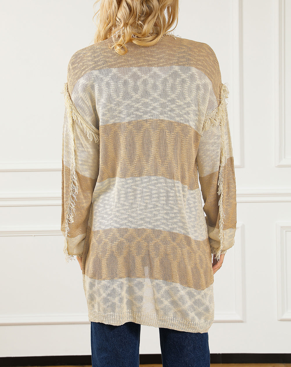 Two-tone Stripes Frayed Trim Lightweight Cardigan