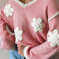 Flower V Neck Dropped Shoulder Sweater