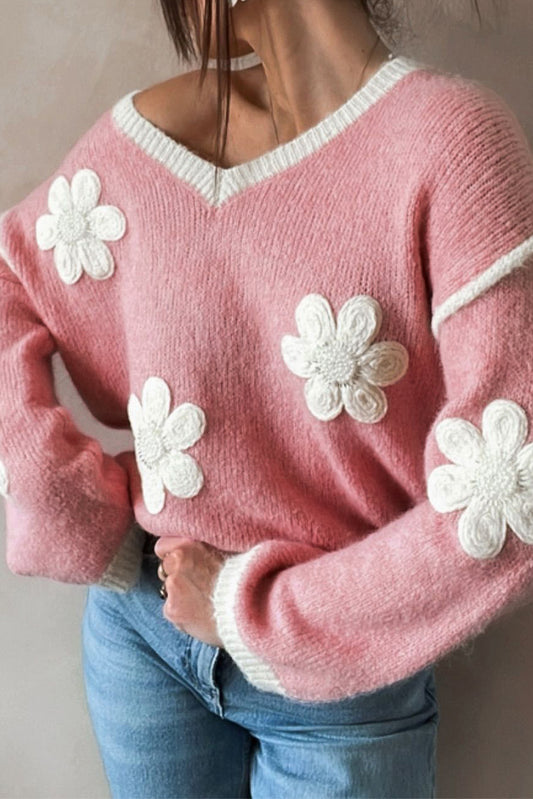 Flower V Neck Dropped Shoulder Sweater