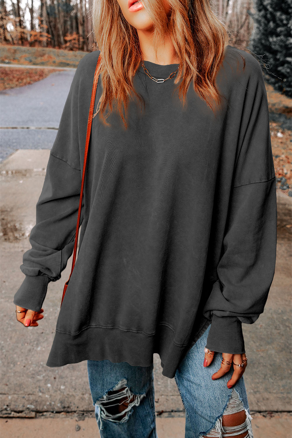 Drop Shoulder Ribbed Trim Oversized Sweatshirt