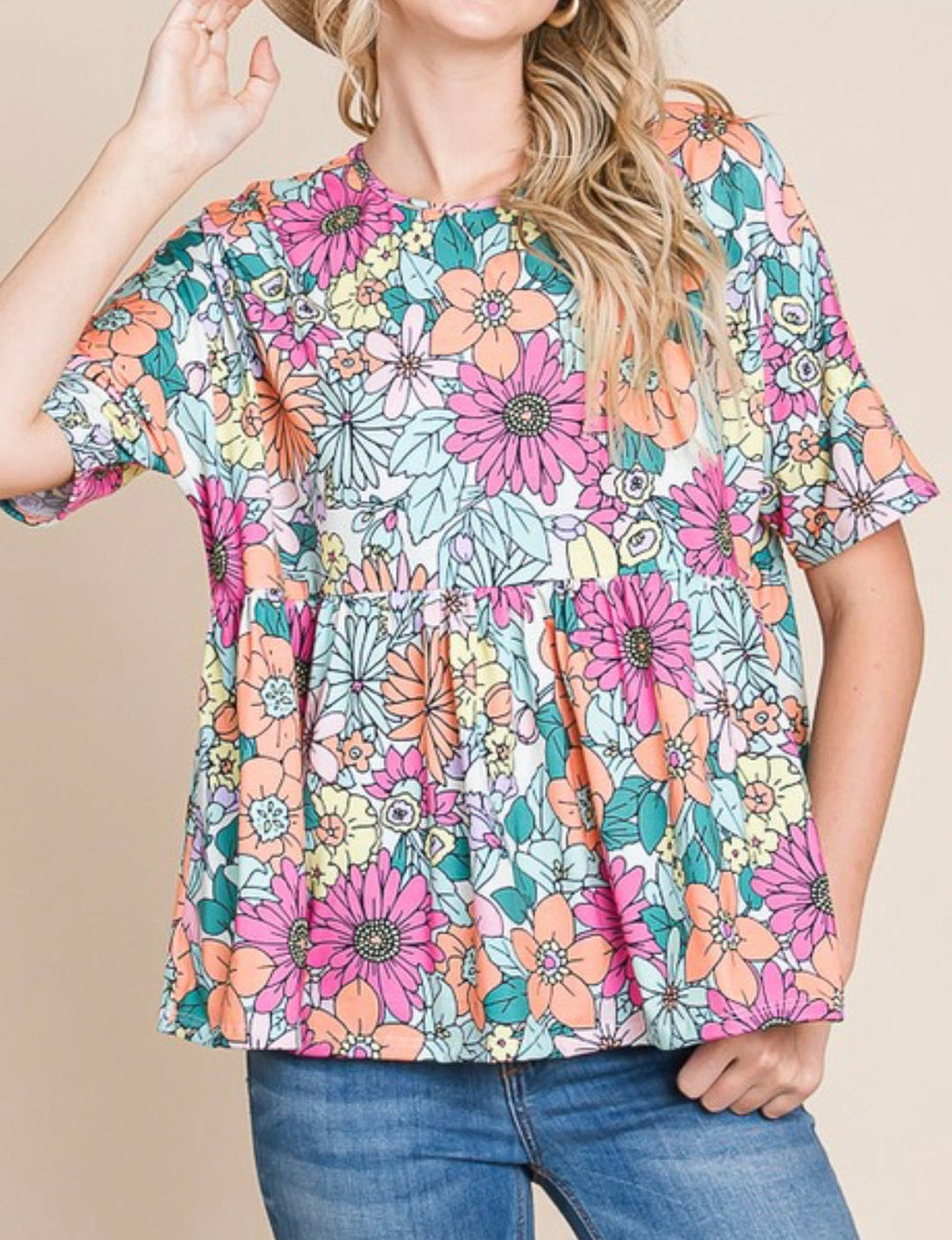 Bohemian Flower Print Flowy Short Sleeve Top