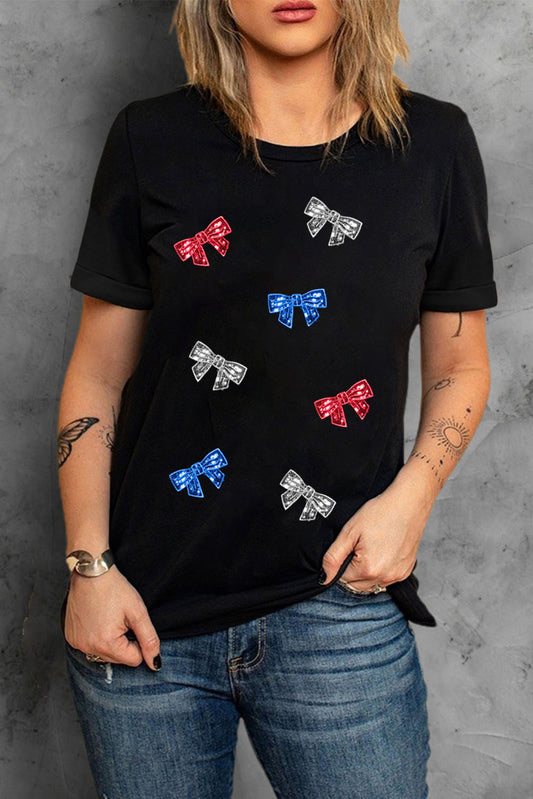 Independent Day Sequin Bow Graphic T Shirt