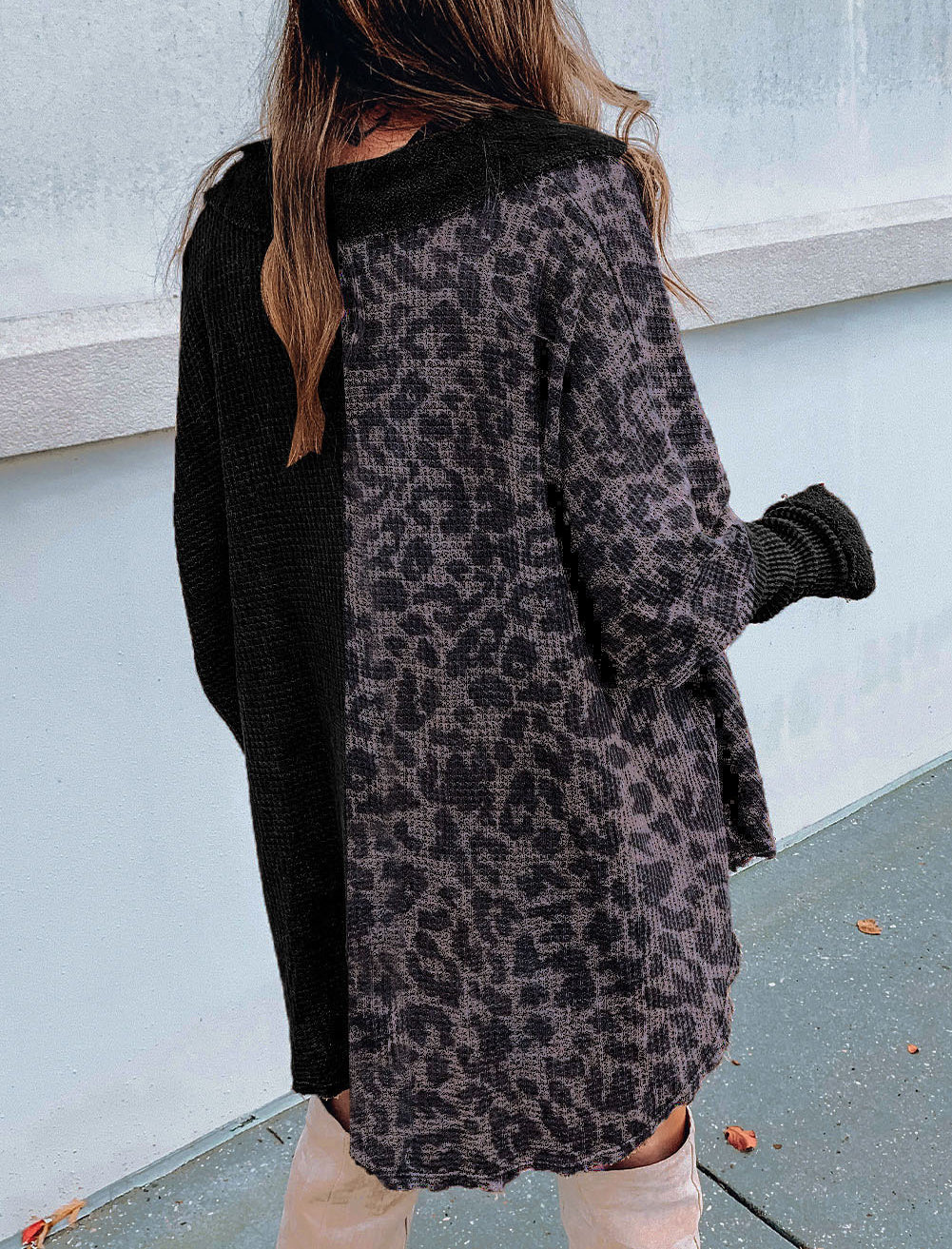 Leopard Patchwork Waffle Knit Buttoned Blouse