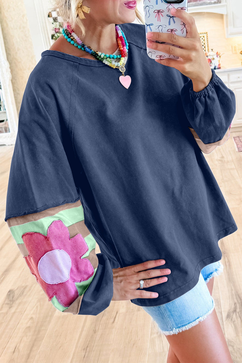 Flower Patchwork Raglan Sleeve Exposed Seam Oversized Top