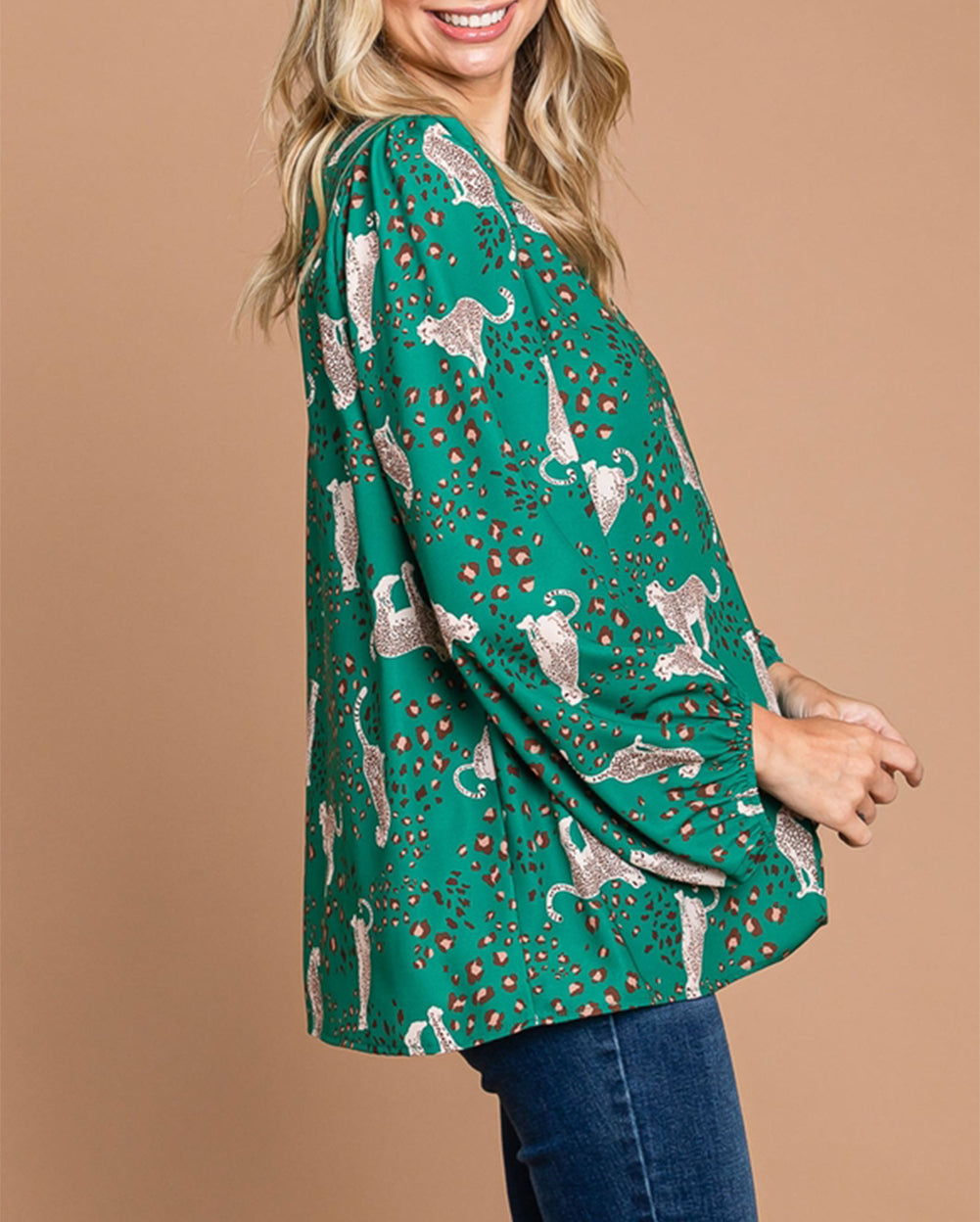 Printed Cheetah Print V Neck Flowy Blouse