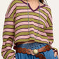 Clashing Stripes Waffle Texture Notched Neck Long Sleeve Top