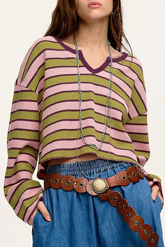 Clashing Stripes Waffle Texture Notched Neck Long Sleeve Top