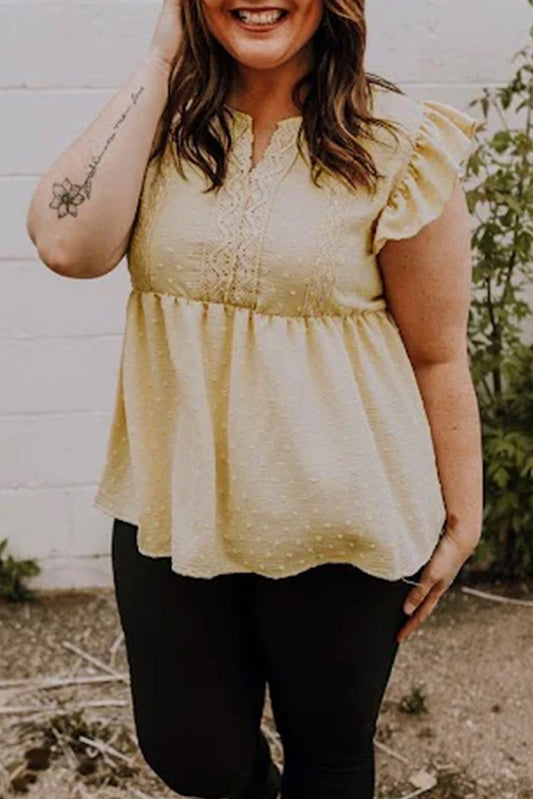 Plus Size Swiss Dot Lace Trim Split Neck Babydoll Top