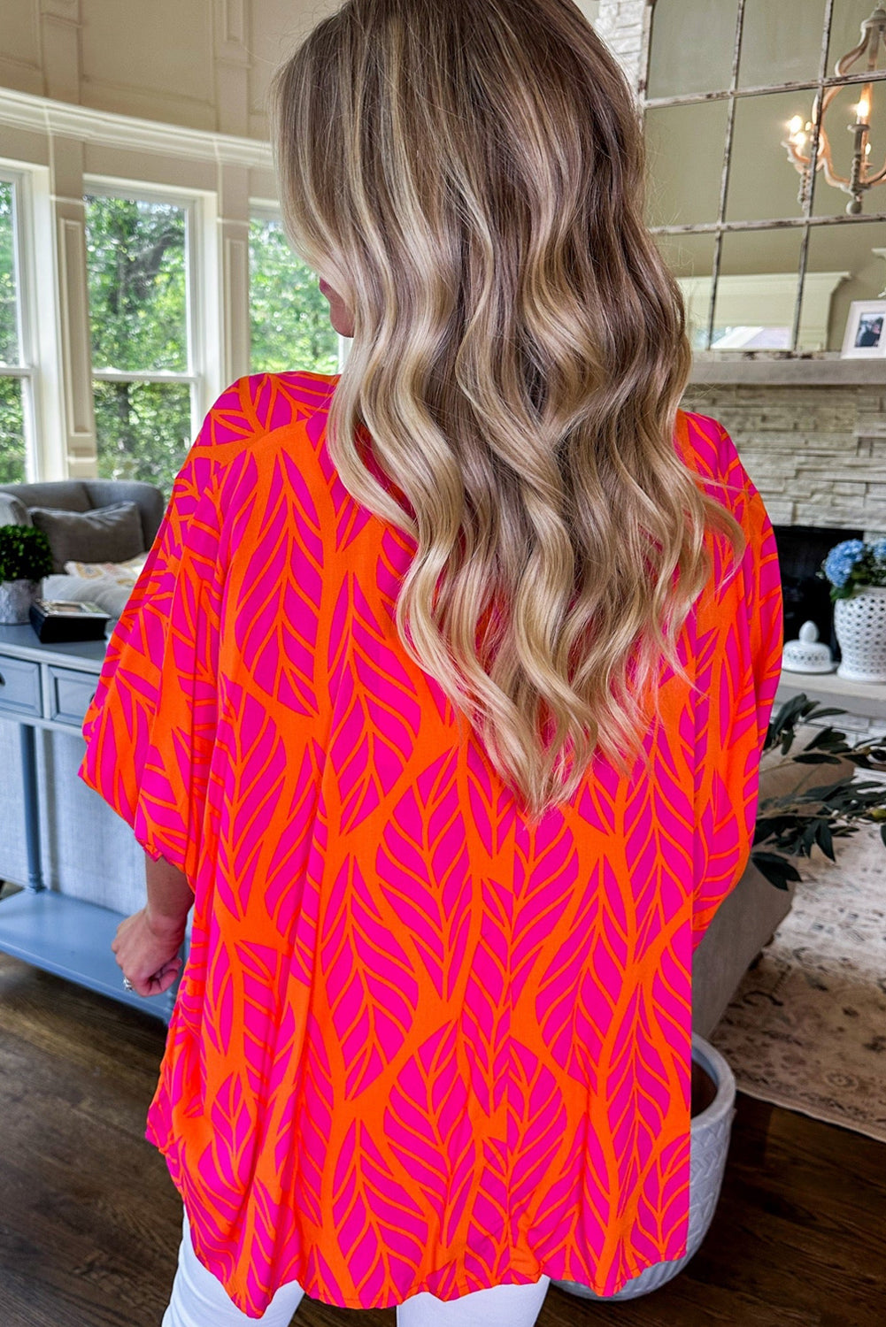 Tropical Leaf Print Smocked Puff Sleeve Blouse