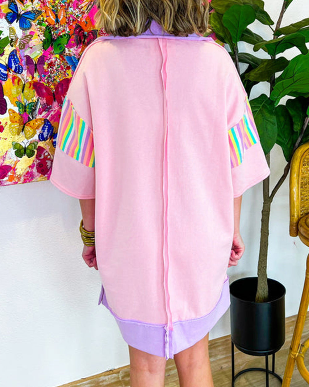 Rainbow Stripe Half Sleeve Buttoned T Shirt Dress