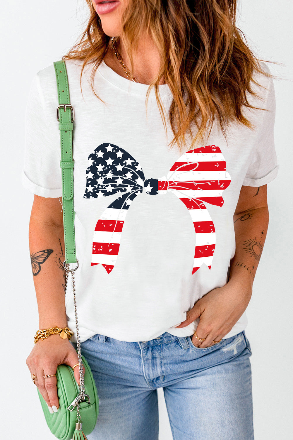 Stars and Stripes Bowknot Graphic Round Neck Tee