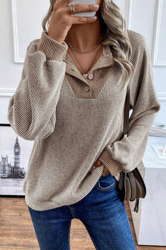 Color Contrast Ribbed Loose Fit Long Sleeve Top