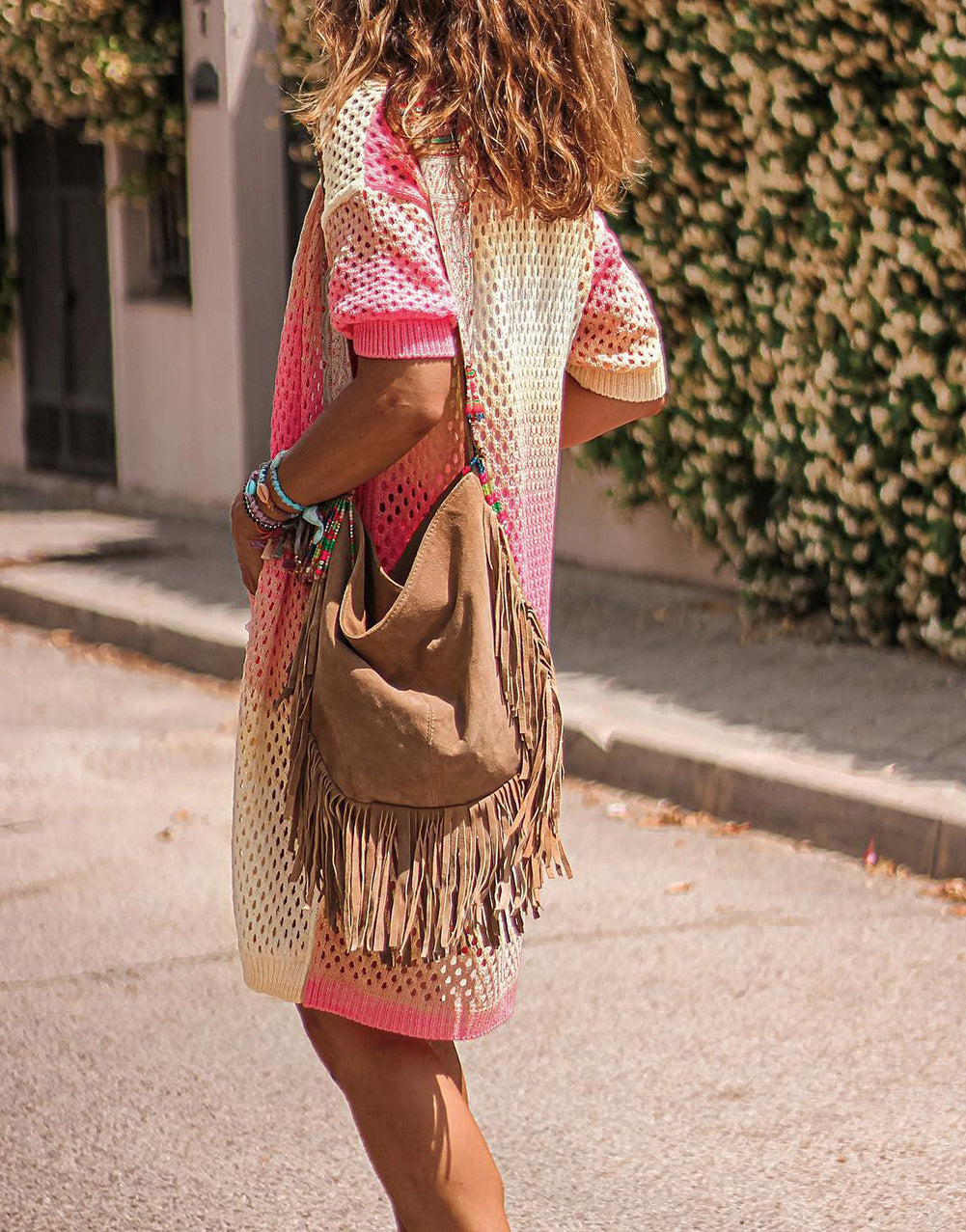 Ribbed Short Sleeve Ombre Eyelet Knitted Cardigan