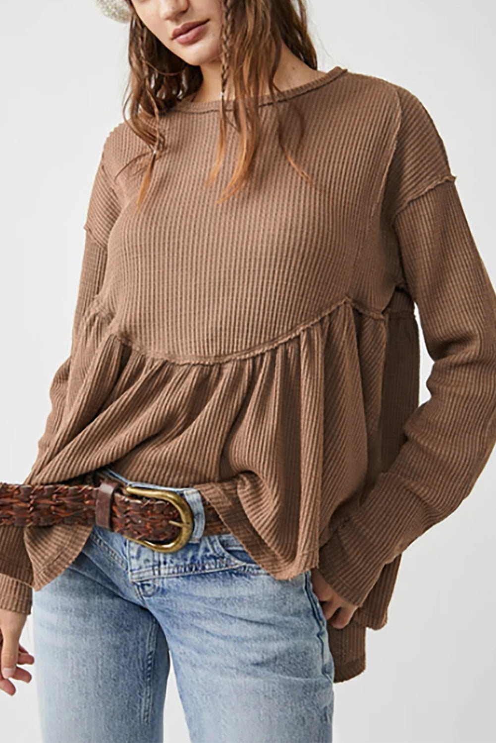 Solid Color Ribbed Long Sleeve Peplum Blouse
