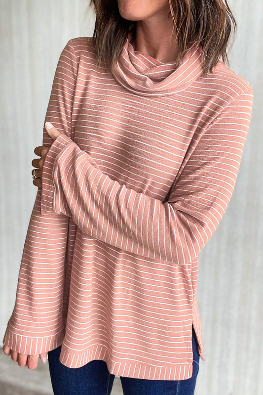 Stripe Cowl Neck Side Slits Loose Fit Long Sleeve Top