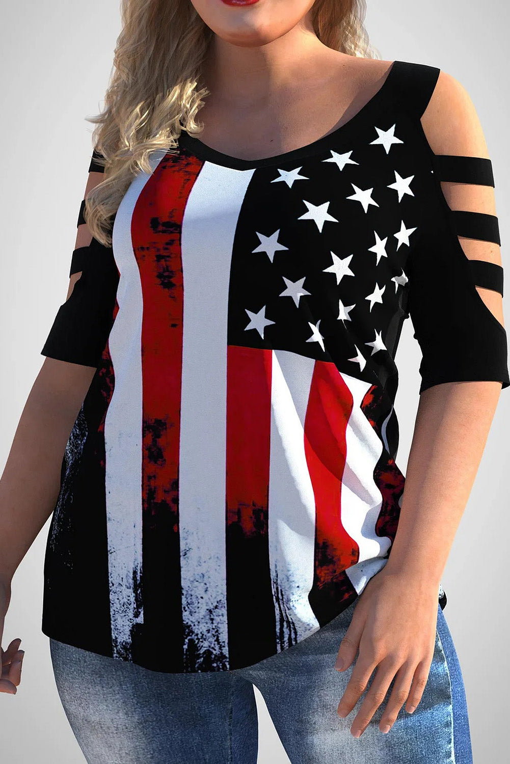 American Flag Print Plus Size Cold Shoulder T Shirt