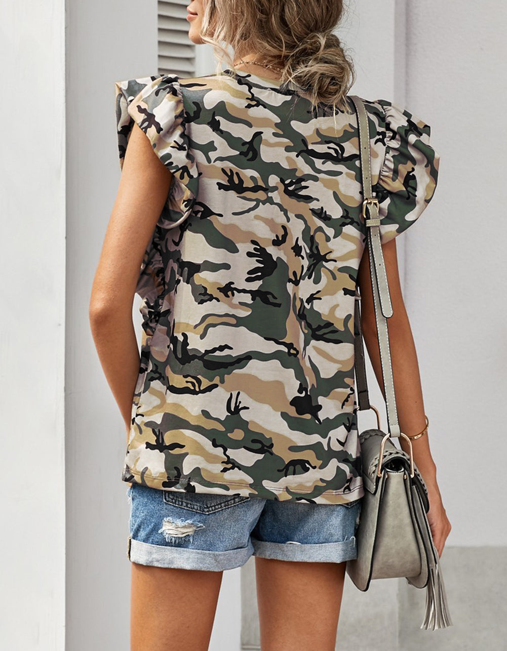Print Ruffled Cap Sleeve T-shirt