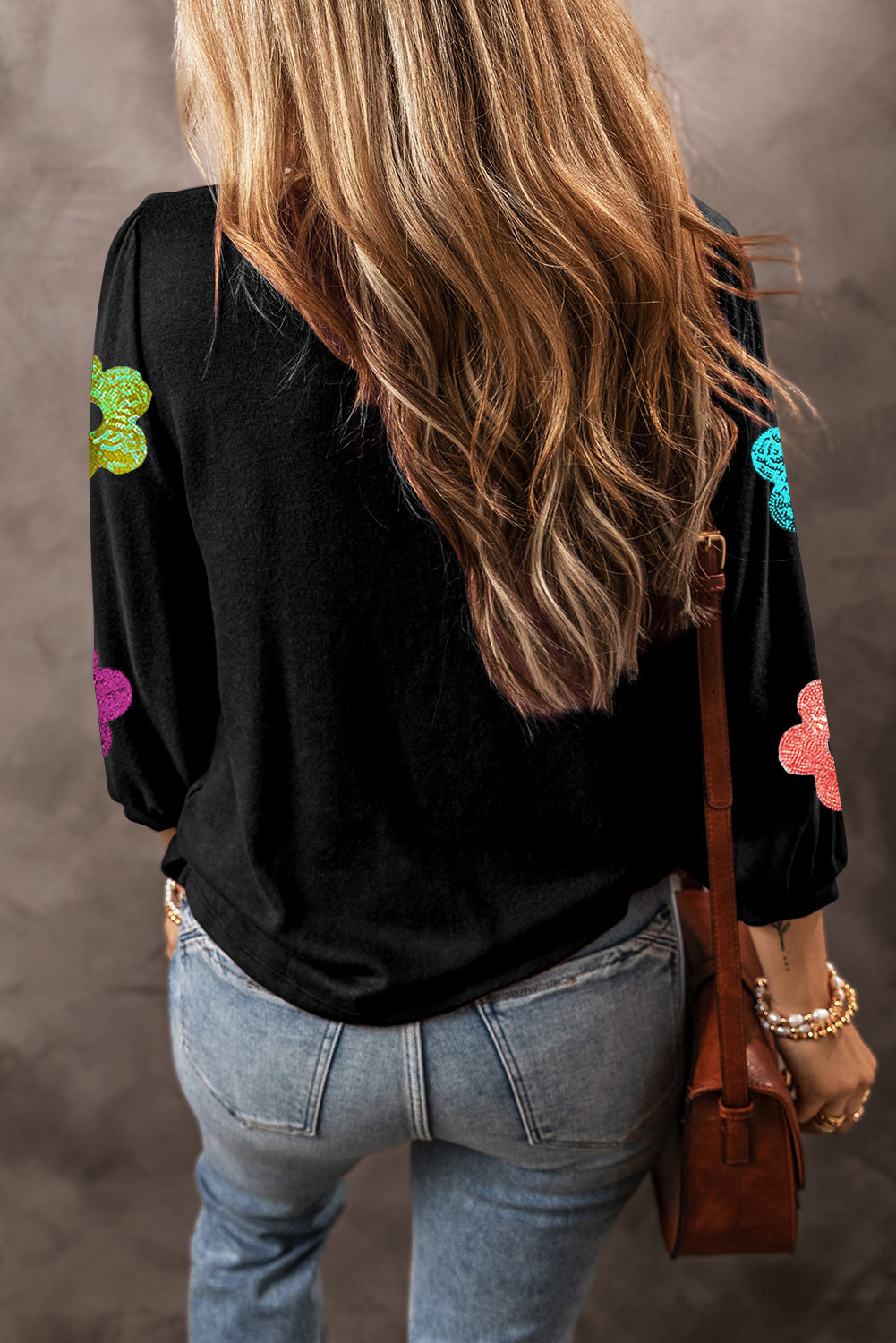 Sequin Flower Bracelet Sleeve Crew Neck Top