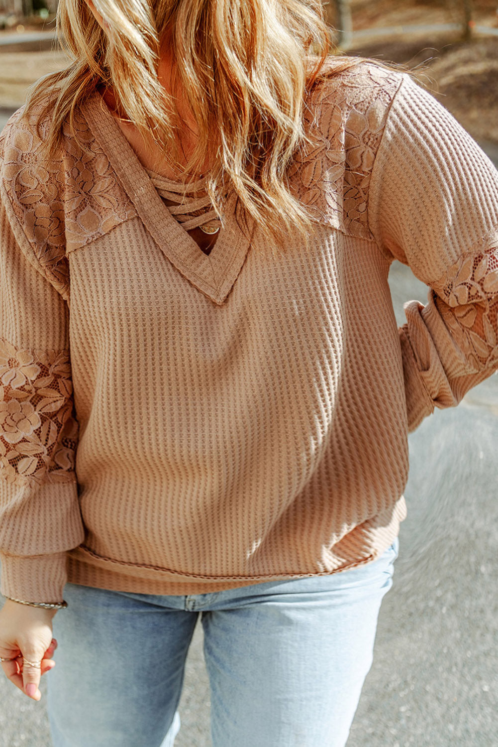 Plus Size Strappy Neck Lace Waffle Patchwork Top