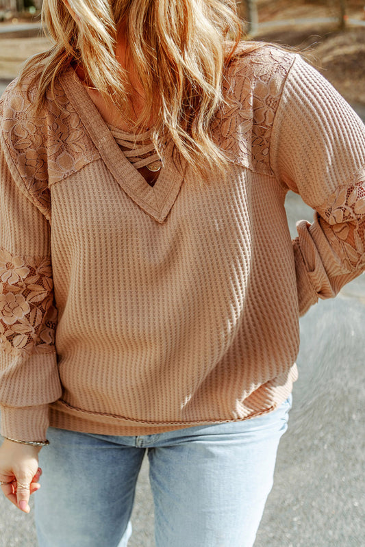 Plus Size Strappy Neck Lace Waffle Patchwork Top