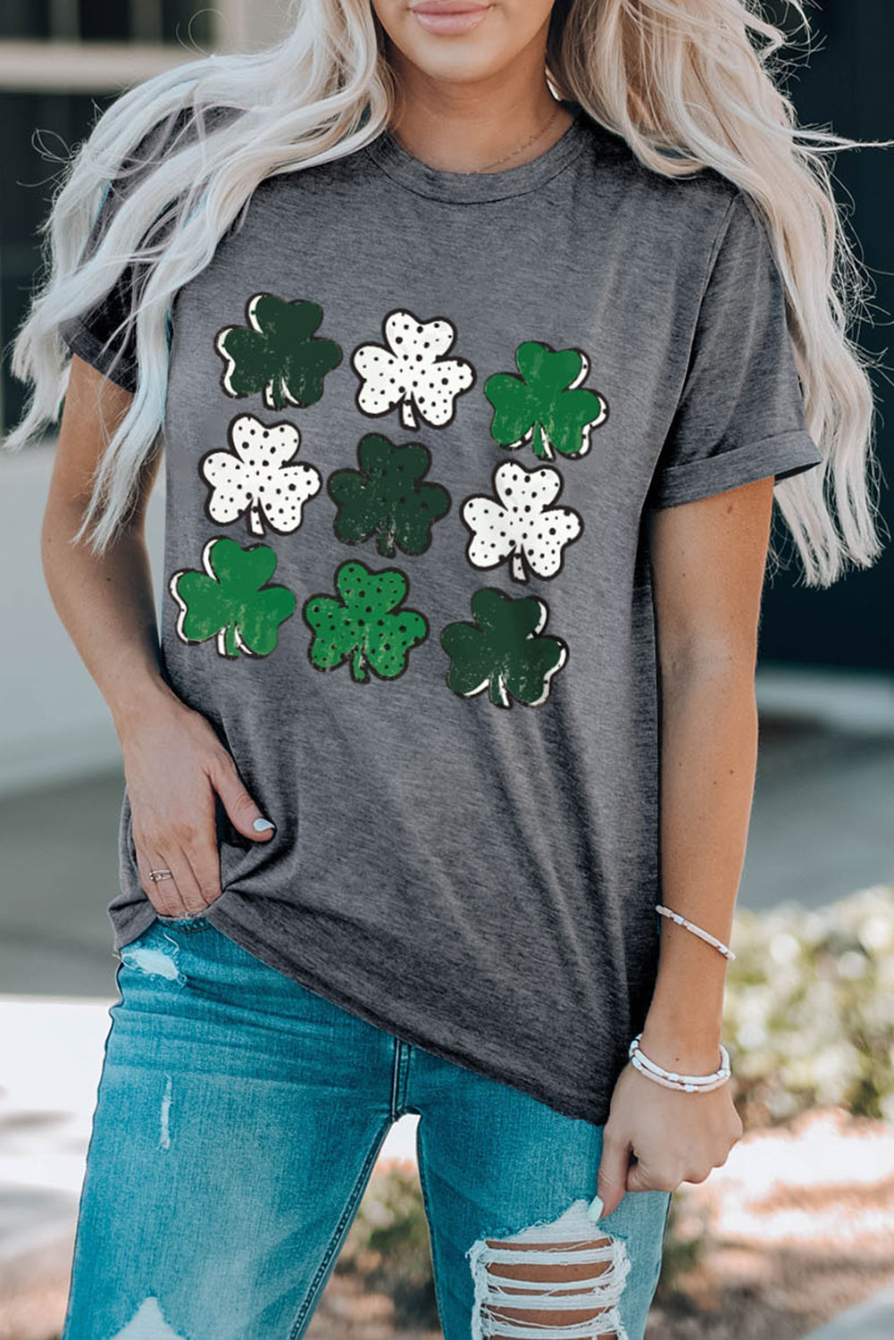 Dotted Clovers Print Round Neck T Shirt