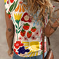 Flower Print Round Neck Cap Sleeve T Shirt