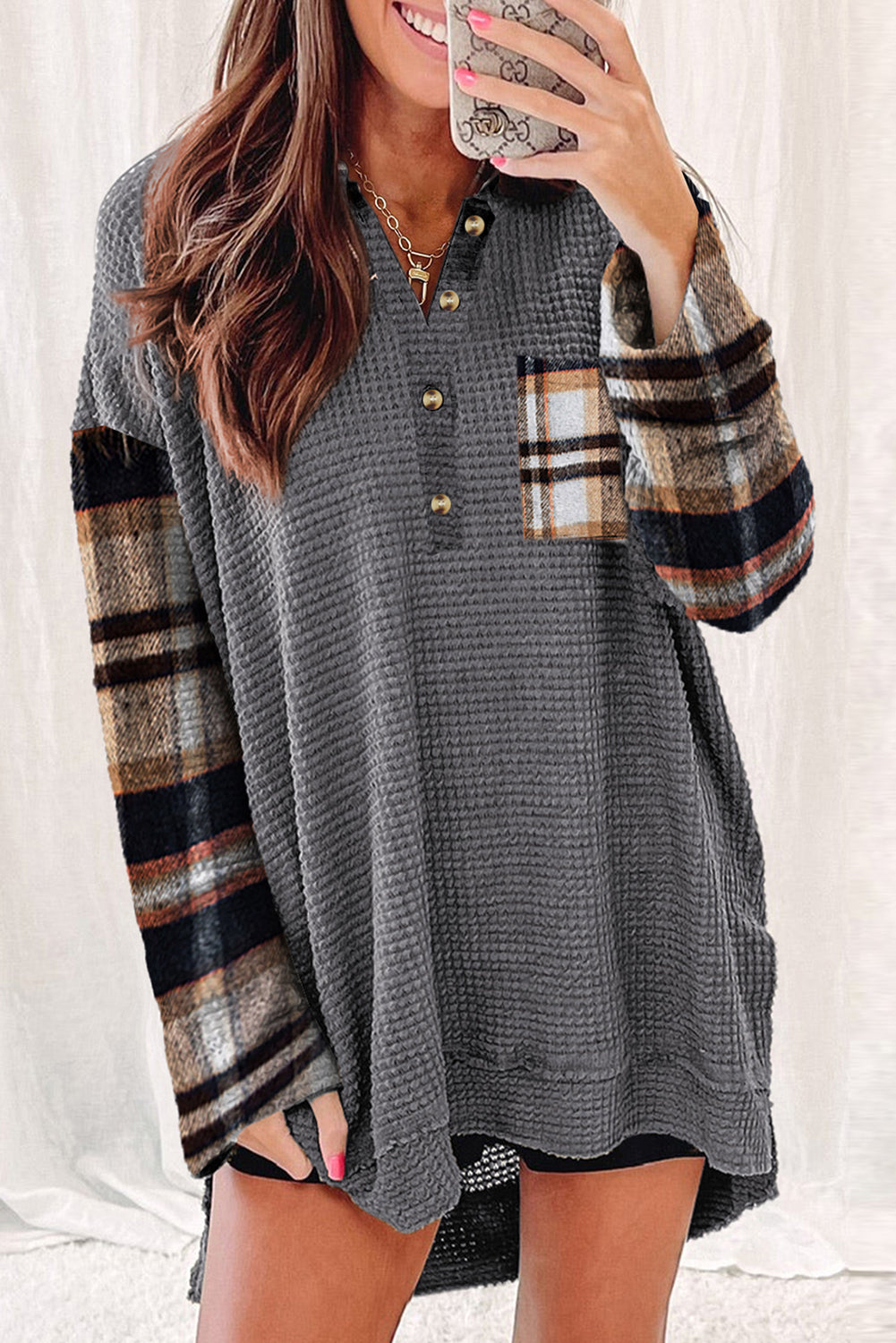 Loose Plaid Patchwork Textured Knit Henley Top