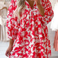 Floral Print Puff Sleeve Split Neck Babydoll Mini Dress