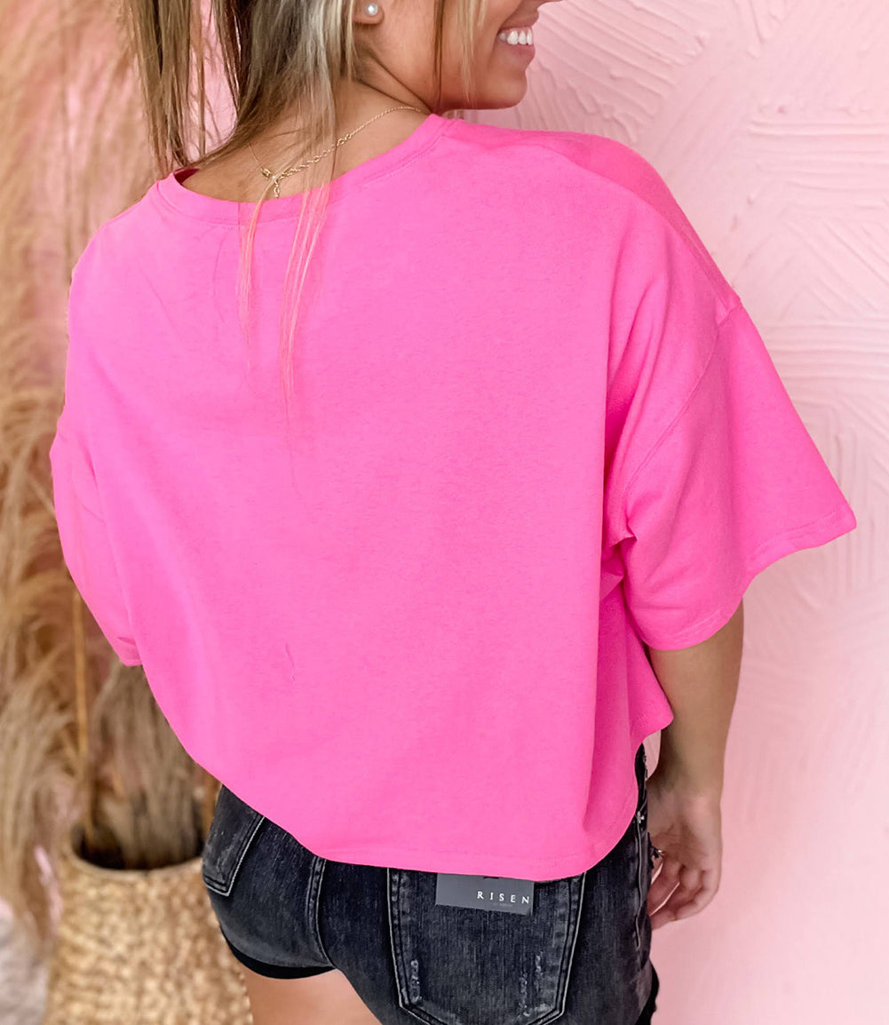 Feeling Lucky Embroidered Letter Graphic Half Sleeve Top