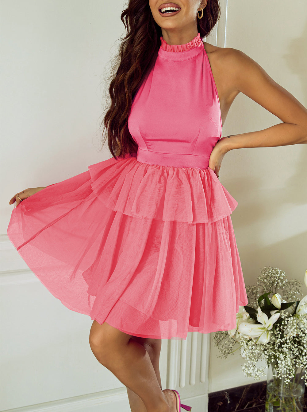 Gauze Ruffle Tiered Knotted Halter Dress