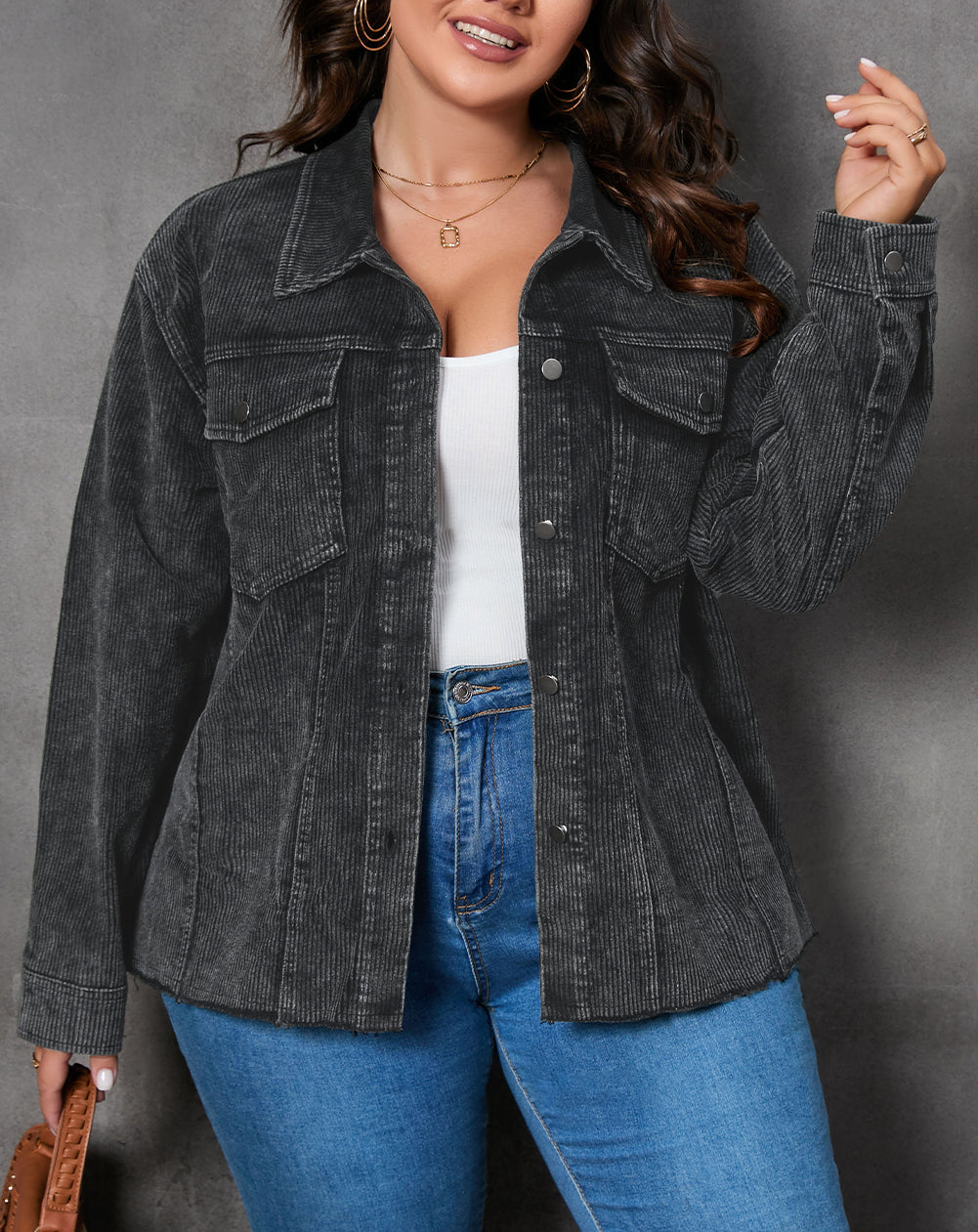 Plus Size Flap Pocket Raw Edge Corduroy Jacket