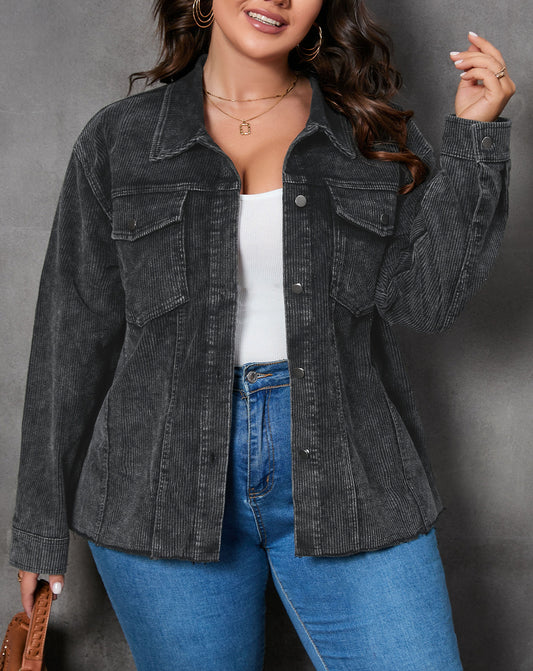 Plus Size Flap Pocket Raw Edge Corduroy Jacket