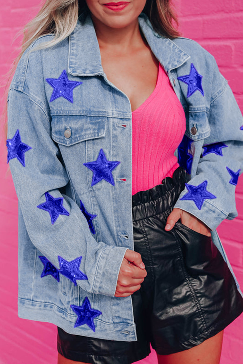Sequin Star Flap Pocket Denim Jacket