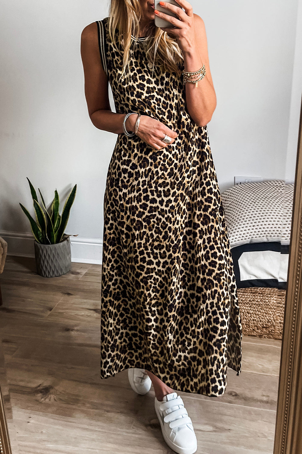 Contrast Striped Trim Leopard Sleeveless Maxi Dress